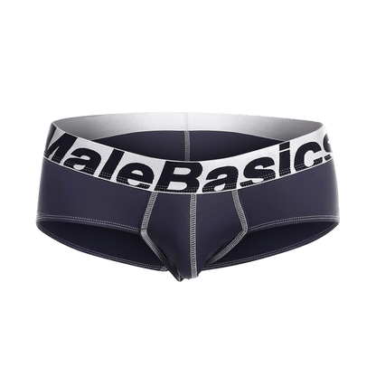 Dark navy blue male basics microfiber briefs with white waistband black lettering and silver stitching detail