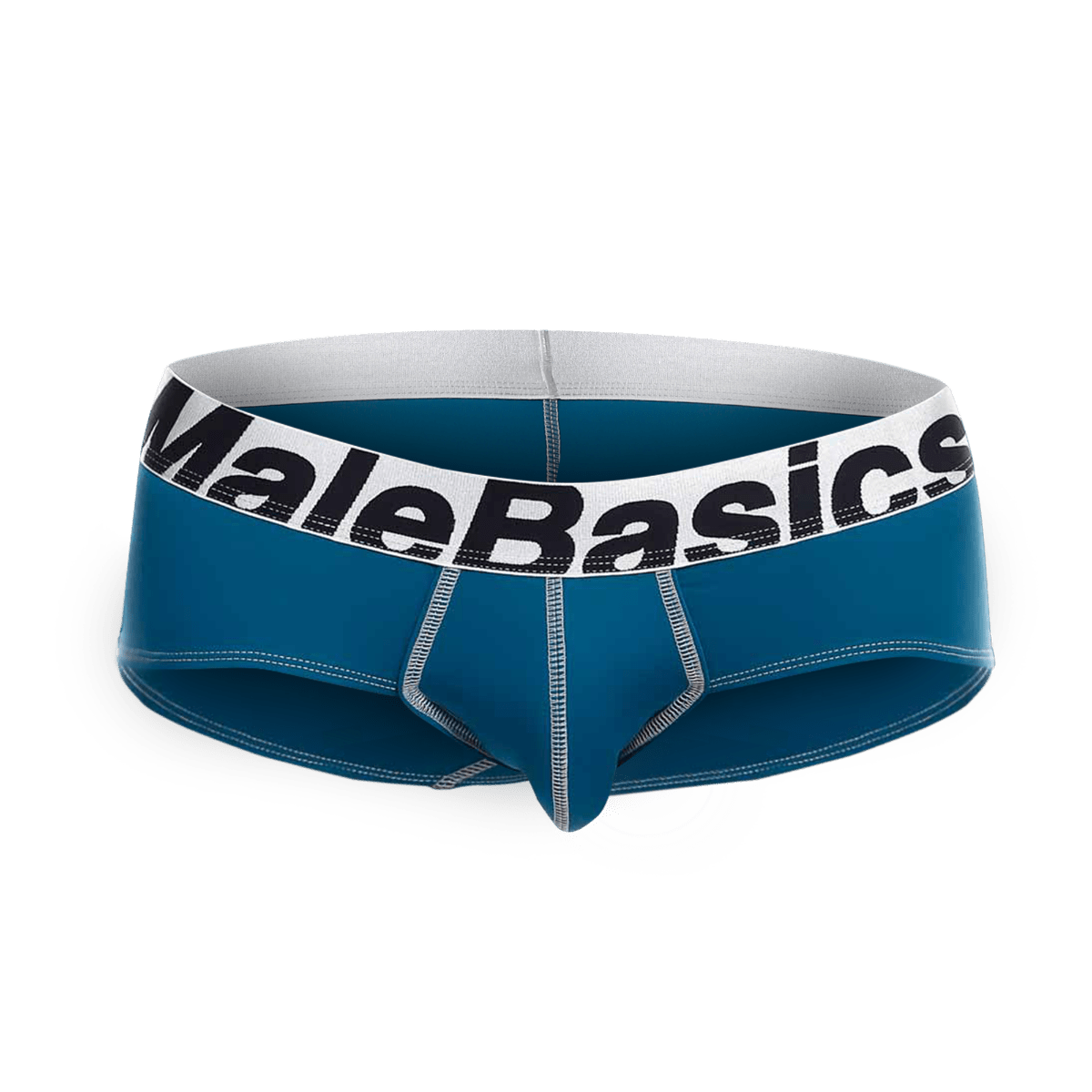 Blue malebasics microfiber briefs with white waistband black lettering and silver stitching front view