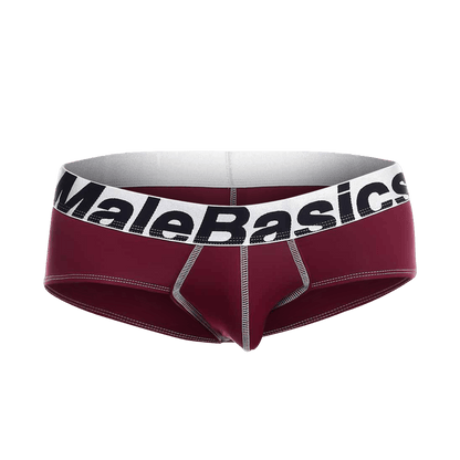 Maroon malebasics microfiber briefs with white waistband black lettering and silver stitching front view