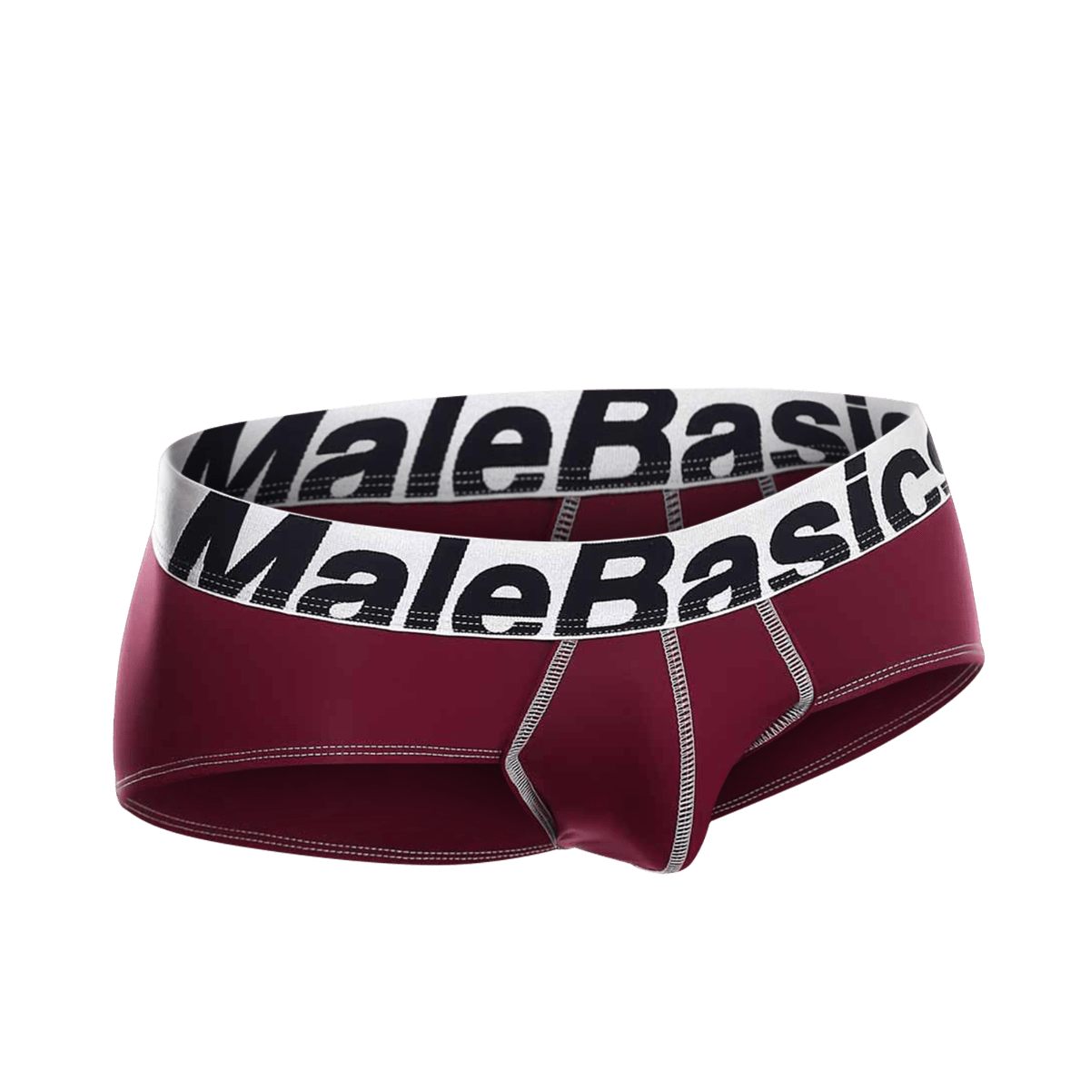 Maroon malebasics microfiber briefs with white waistband black lettering and silver stitching along the seams