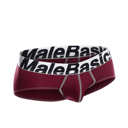 Maroon malebasics microfiber briefs with white waistband black lettering and silver stitching along the seams