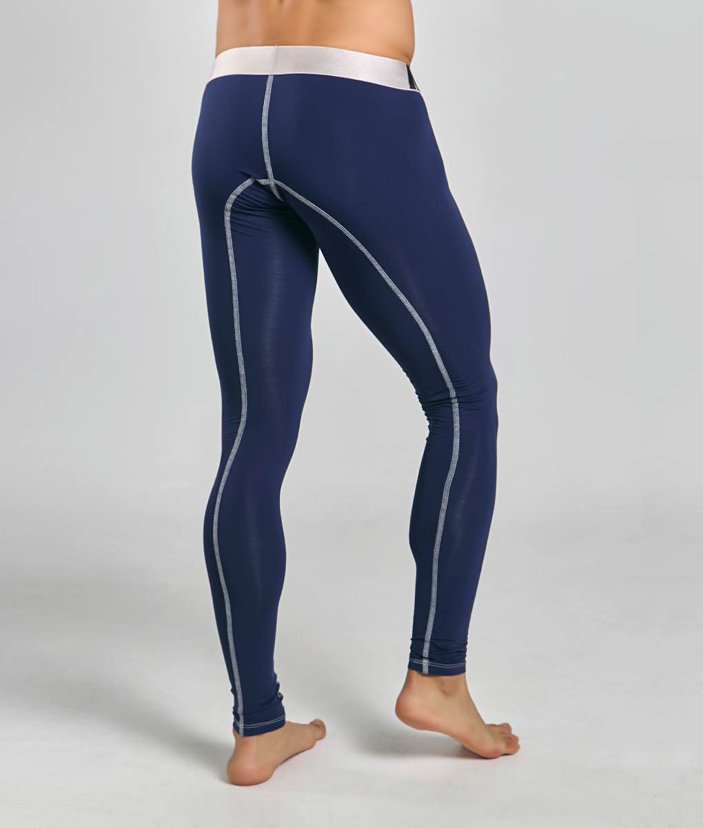 Navy blue MaleBasics microfiber longjohn compression leggings with white stitching and a white waistband front view
