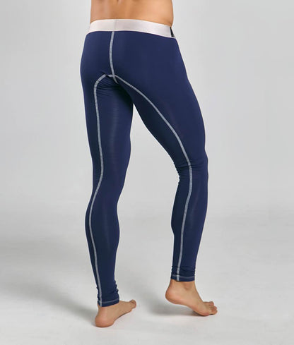 Navy blue MaleBasics microfiber longjohn compression leggings with white stitching and a white waistband front view