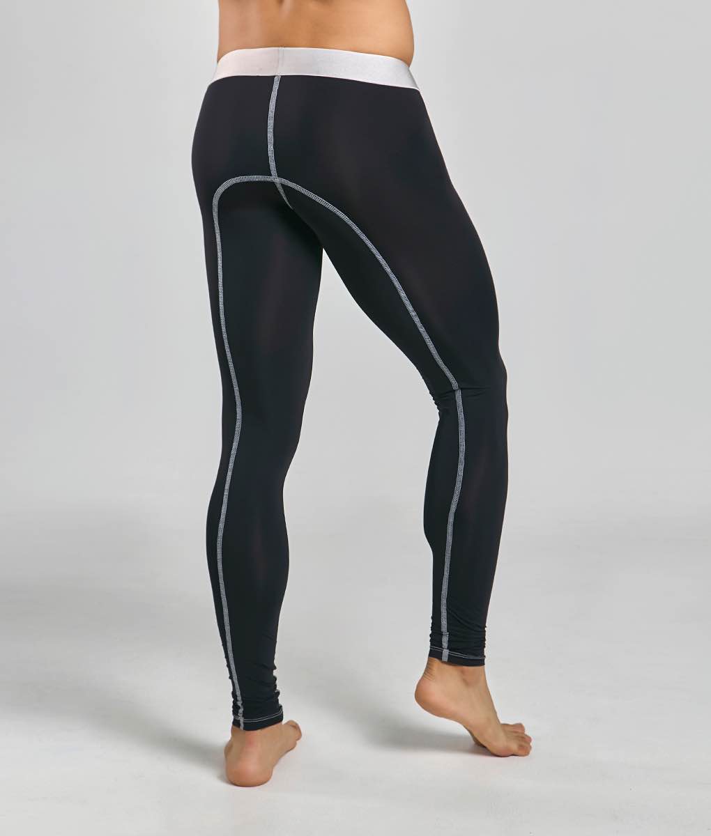Malebasics microfiber longjohn black athletic leggings with white elastic waistband and subtle gray side stitching