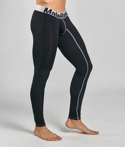 Black malebas microfiber compression leggings with white side stripes and branded waistband malebasics longjohn