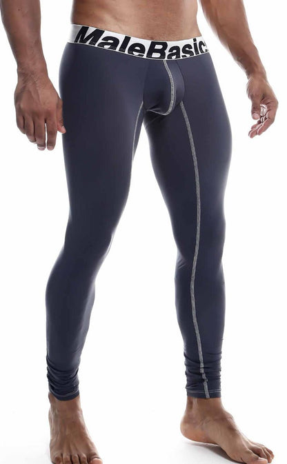 Malebasics microfiber longjohn dark navy blue compression tights with white waistband and gray seam stitching