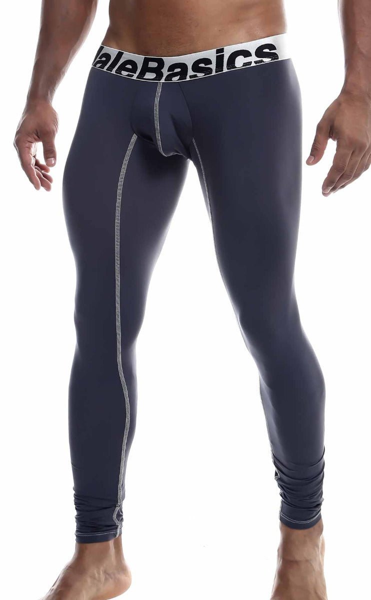 Dark gray microfiber malebasics Microfiber longjohn leggings with white stitching and contrasting white waistband branding