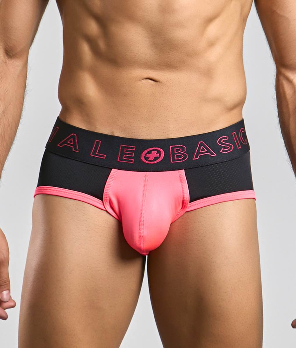 Malebasics neon brief black and pink male briefs with a bold neon pink ale basic logo on the waistband
