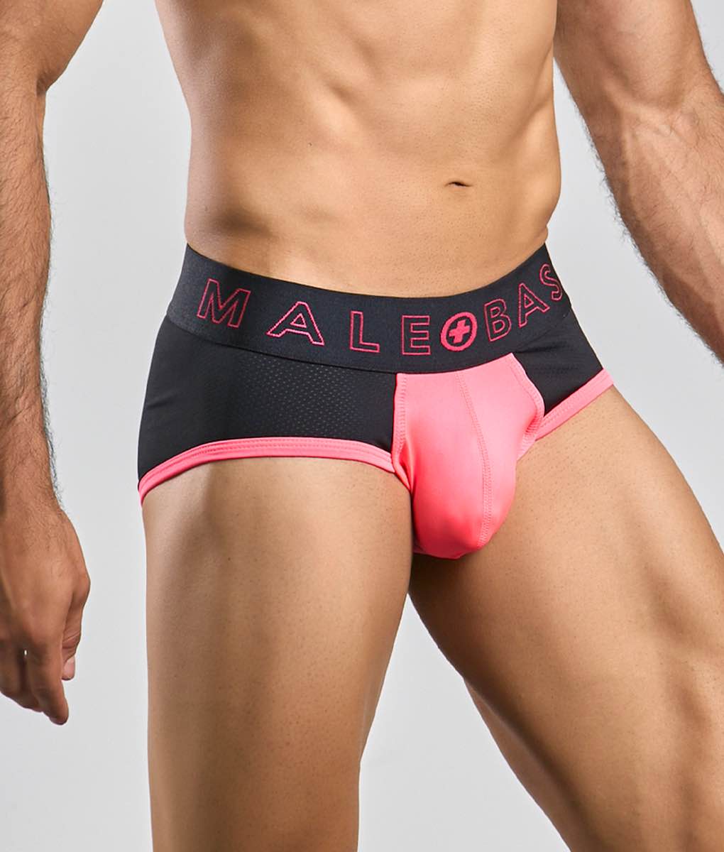 Black and pink malebasics neon brief with a bright pink logo and mesh waistband for athletic wear