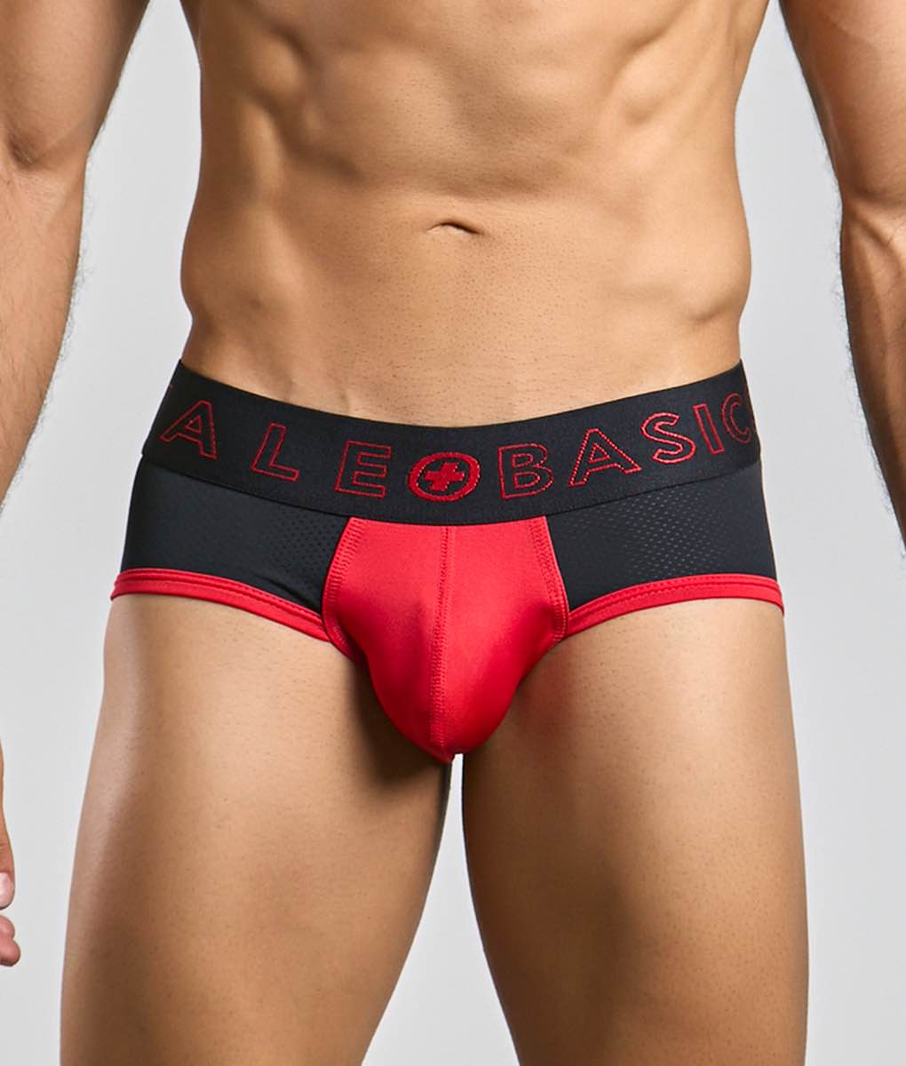 MaleBasics neon brief red and black athletic briefs with mesh waistband featuring alebasic logo in red lettering