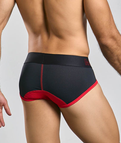 MaleBasics Neon Brief black and red athletic briefs with mesh panel elastic waistband and bold red trim