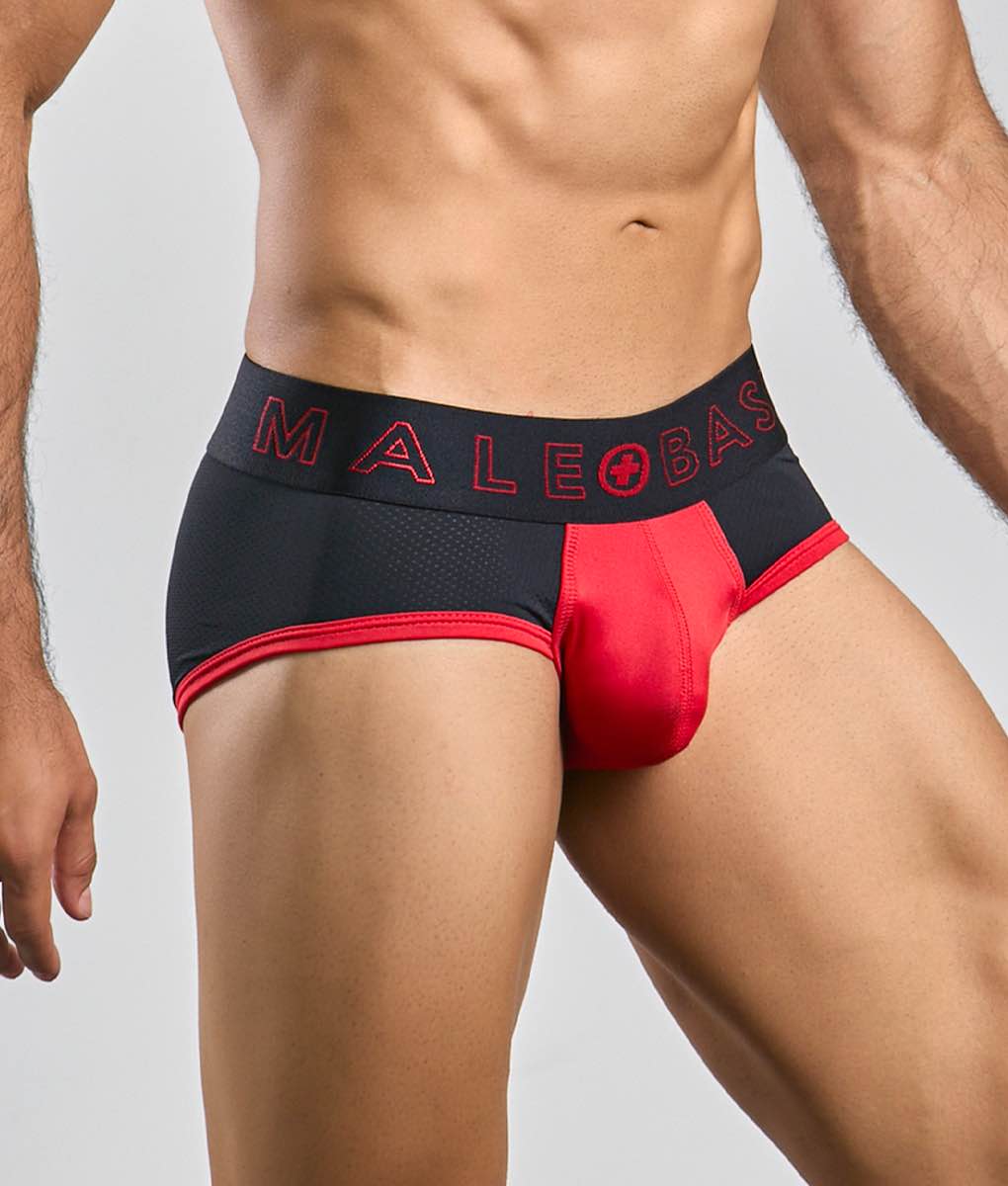 MaleBasics neon brief in black and red with mesh waistband and malebase logo in red lettering