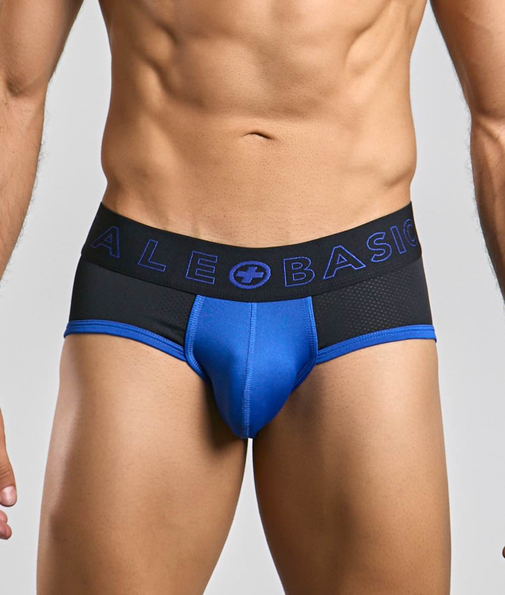 Malebasics neon brief blue and black athletic briefs with mesh panel and ale basic logo on waistband front view