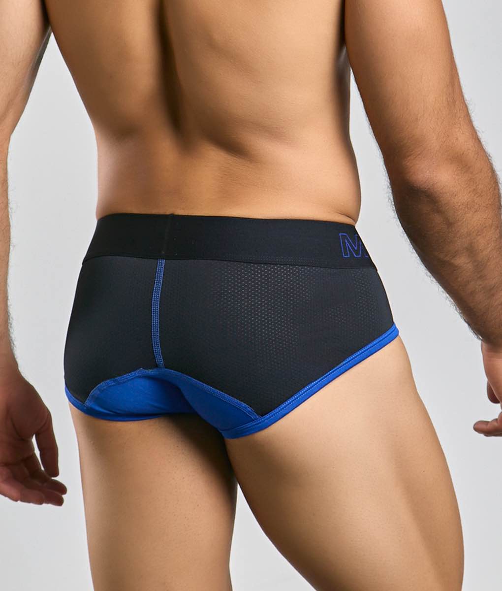 MaleBasics Neon Brief black and blue athletic briefs with mesh panel and elastic waistband featuring subtle logo