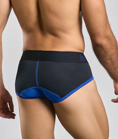 MaleBasics Neon Brief black and blue athletic briefs with mesh panel and elastic waistband featuring subtle logo