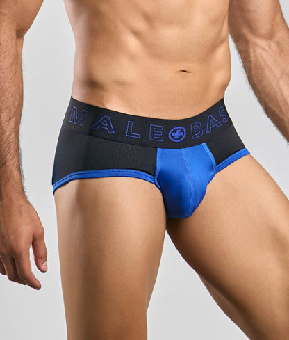 Malebasics neon brief black and blue athletic briefs with mesh waistband and male+base logo in matching blue lettering