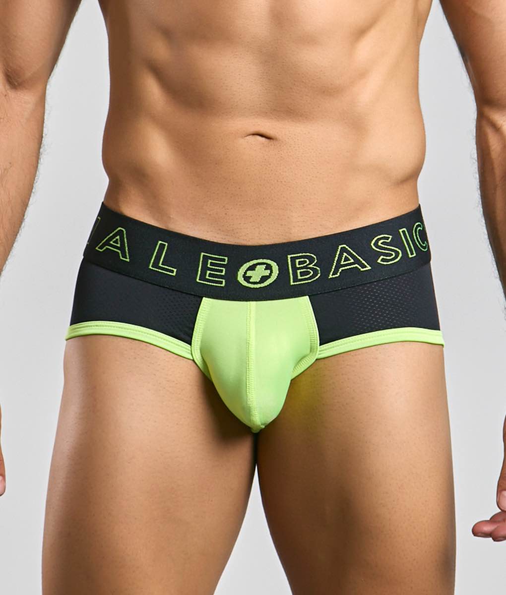 Malebasics neon brief athletic briefs in neon green and black with mesh waistband and alebasic logo for active wear