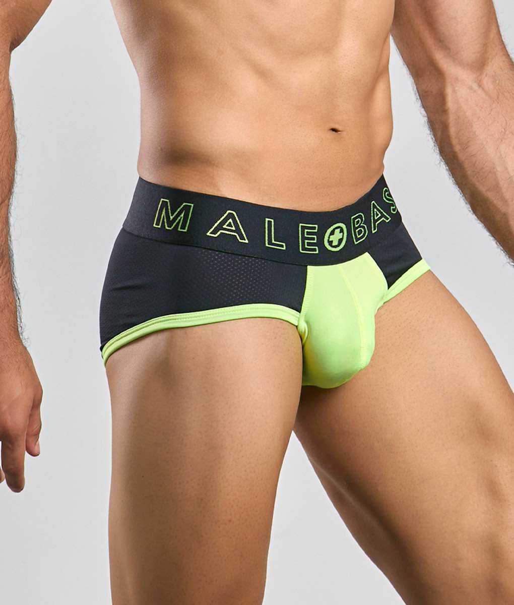 Black and neon green malebasics neon brief with mesh waistband and male base logo for athletic wear