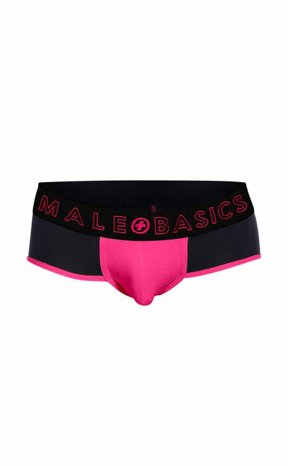 Black and bright pink male basics neon briefs with bold logo band for comfortable everyday wear