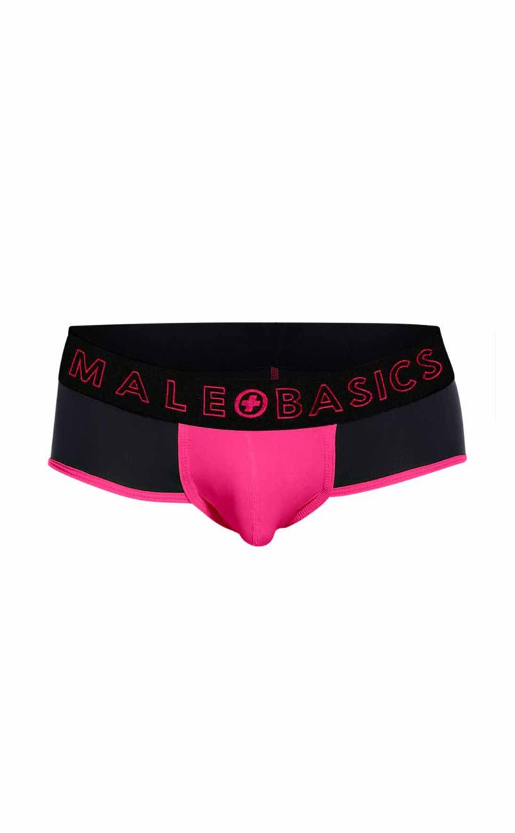 Black and bright pink male basics neon brief with bold logo band for comfortable everyday wear