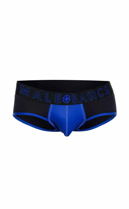 Male basics neon brief men’s black and royal blue briefs with matching blue branding on the waistband