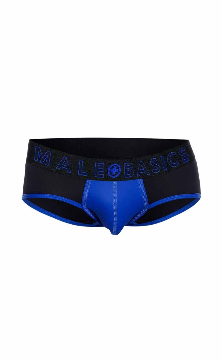 MaleBasics neon brief men’s underwear in black and royal blue with matching blue branding on the waistband