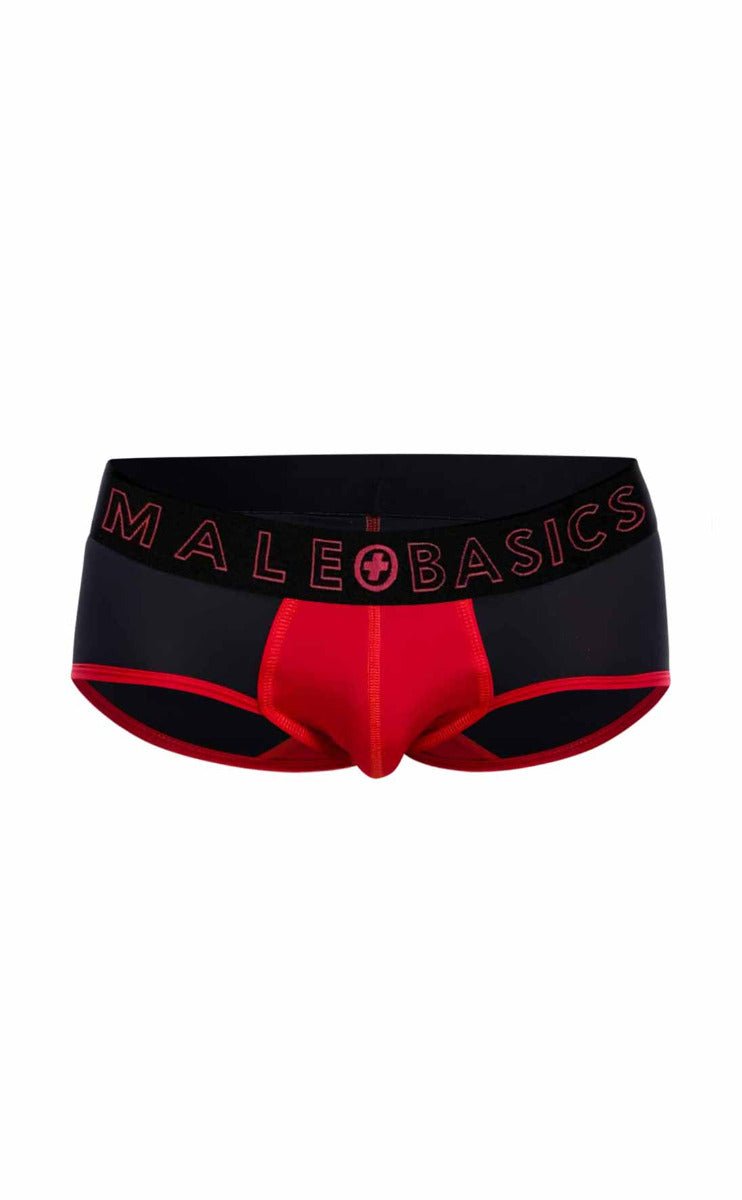 Black and red malebasics neon briefs with bold logo band designed for comfortable everyday wear