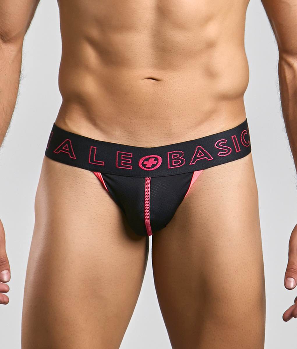 Black and pink male basics neon jock athletic briefs with neon pink ale plus basic logo on the waistband