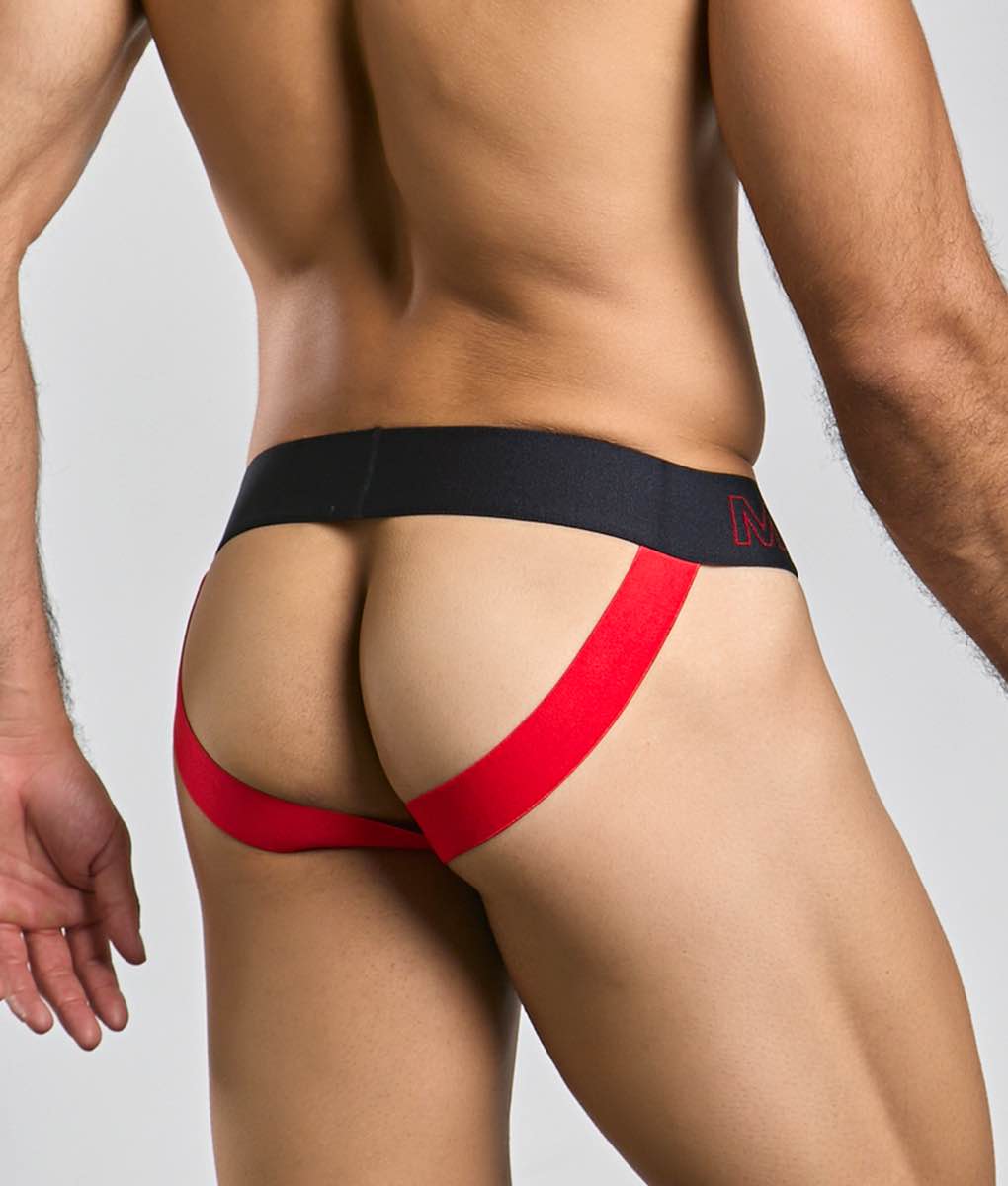 Malebasics neon jock red and black athletic briefs with bold red side panel design for active wear