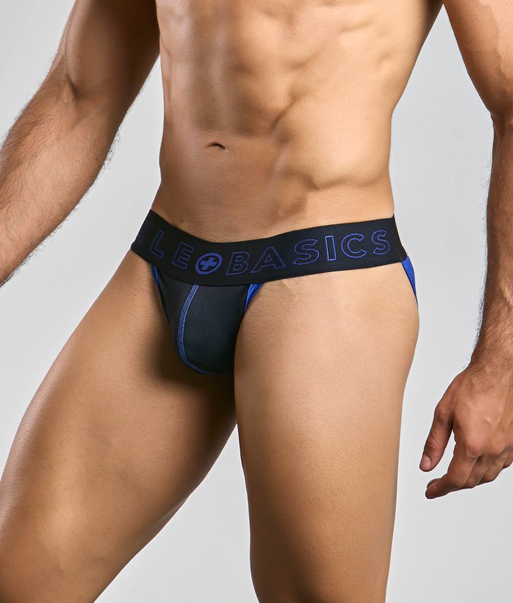 Black and blue athletic briefs with branded waistband from malebasics neon jock new colors collection