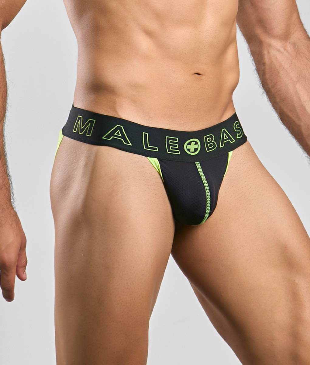 Malebasics neon jock male black and neon green athletic briefs with bold logo band for activewear use