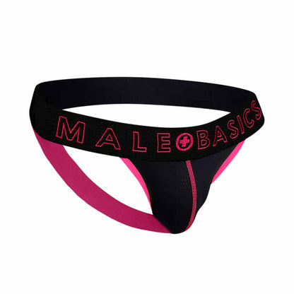 Male basics neon jock new colors black and pink male basics thong with bold logo trim shown from the back side
