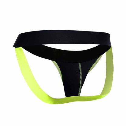 Black and neon green MaleBasics Neon Jock athletic briefs with a central zipper detail for enhanced comfort and style