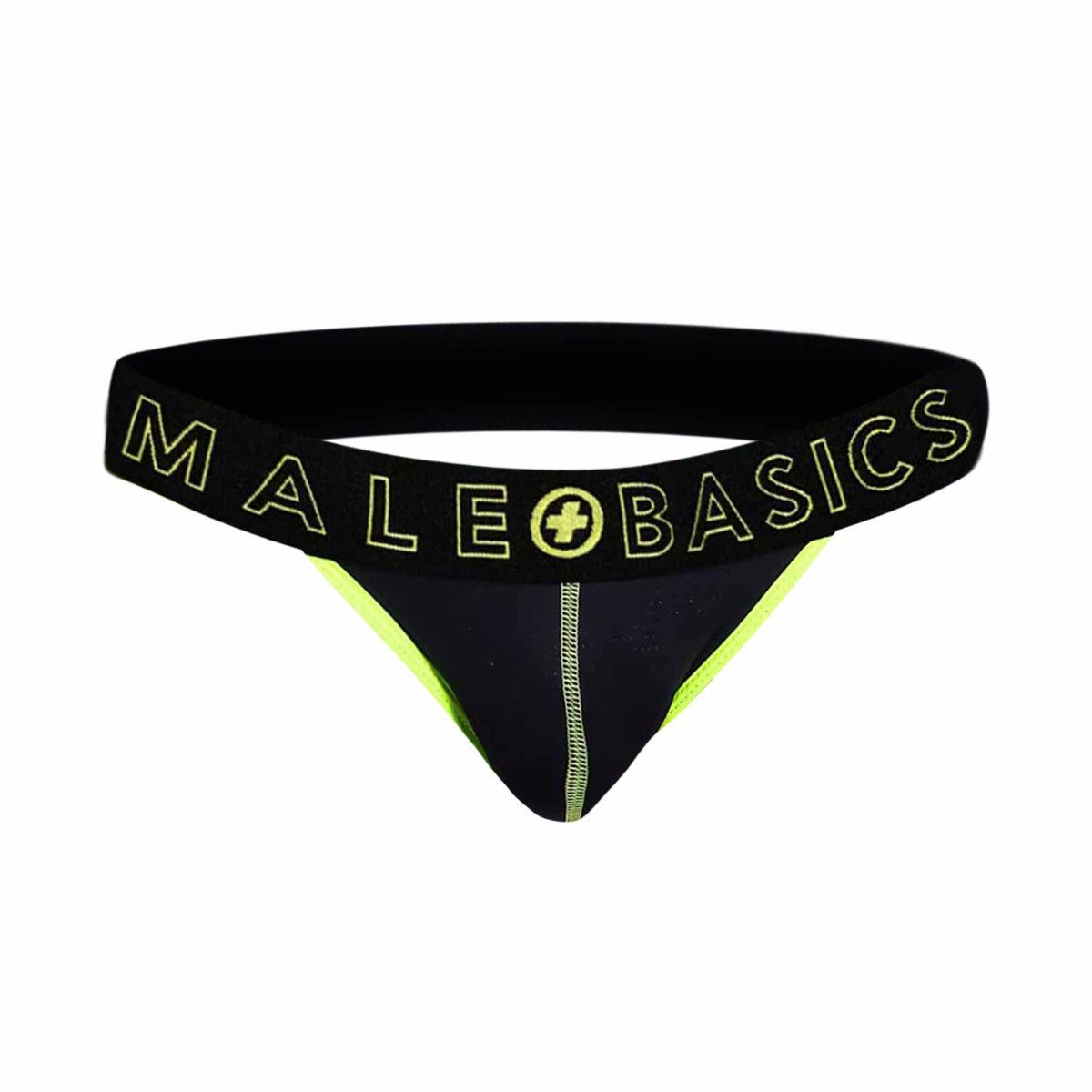 Male basics neon jock new colors black and neon green thong with bold logo band showing the front side