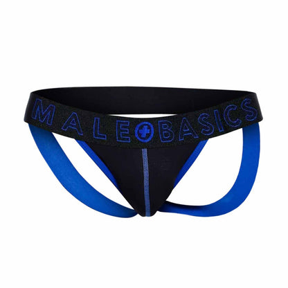 Black and blue male basics neon jock athletic briefs with bold logo band for comfortable activewear use