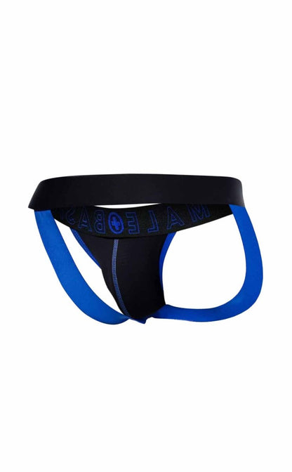 Black and blue male basics neon jock athletic briefs with bold contrasting design for active wear