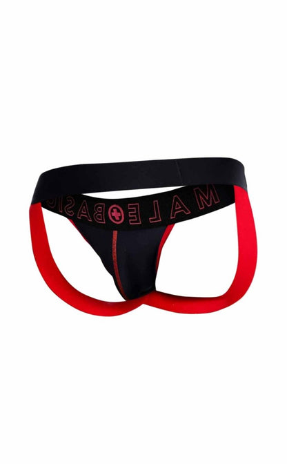Black and red male briefs with bold contrasting design and male basic pink lettering on waistband from malebasics neon jock new colors