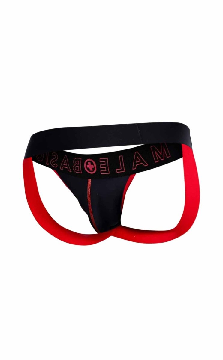 Black and red male briefs with bold neon design and pink male basic branding on waistband, from malebasics neon jock new colors