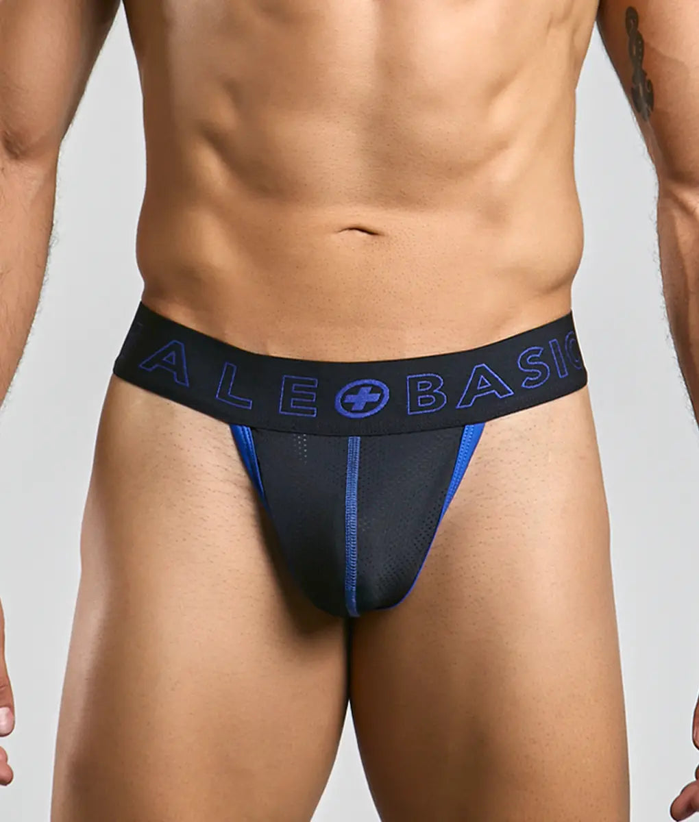 Malebasics neon thong black and blue athletic briefs with branded waistband designed for active use