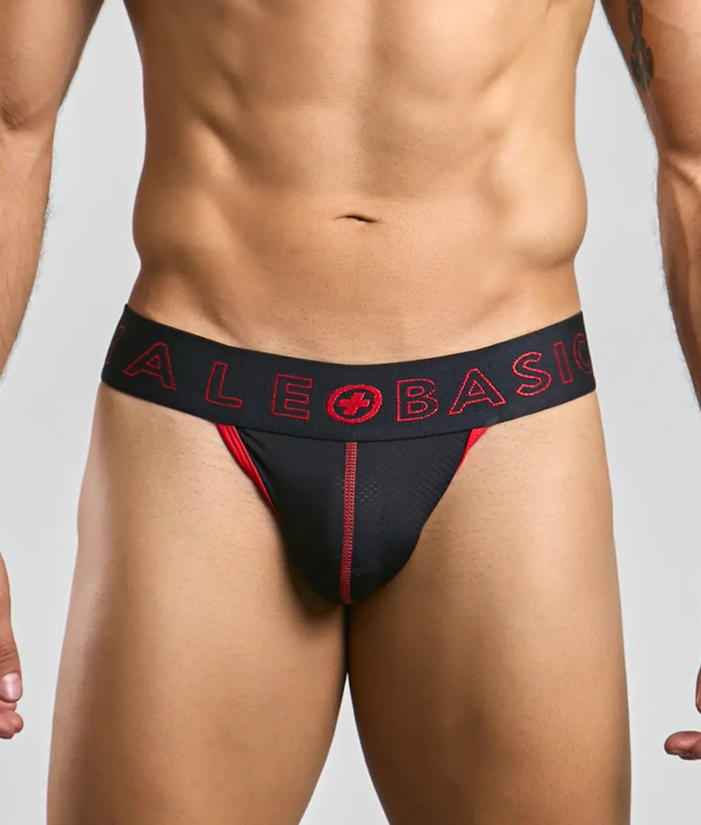 Malebasics neon thong black and red ale basico briefs with mesh panel and stitched detailing front side view