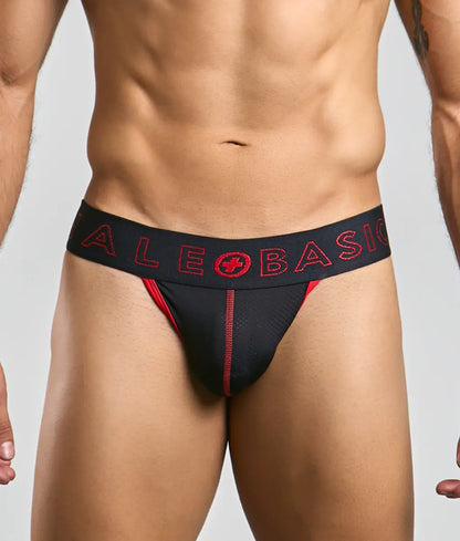 Malebasics neon thong black and red ale basico briefs with mesh panel and stitched detailing front side view