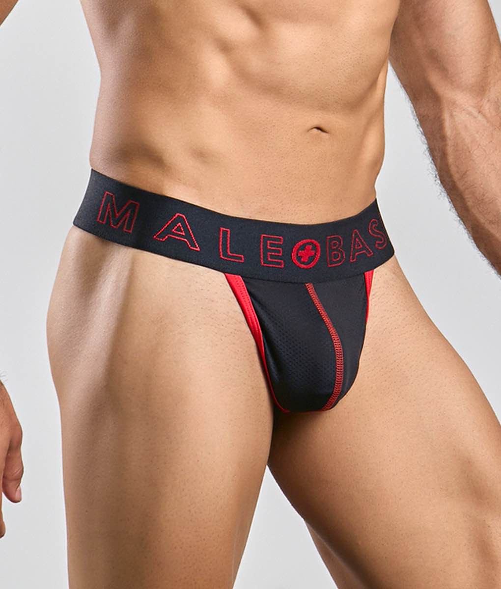 MaleBasics neon thong athletic briefs in black and red with a bold logo waistband designed for active wear