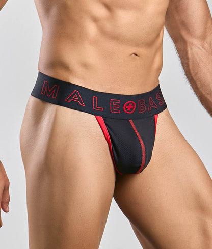 MaleBasics neon thong athletic briefs in black and red with a bold logo waistband designed for active wear