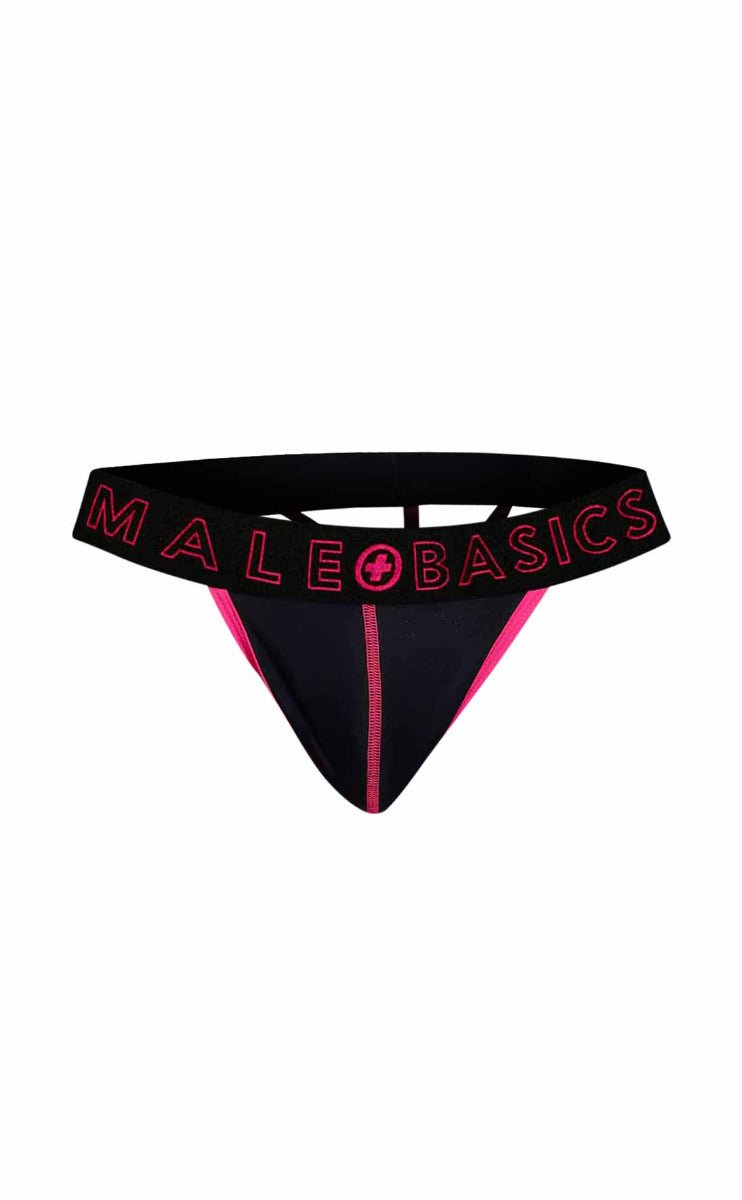 Black and pink male basics neon thong with bold logo band showing front side design
