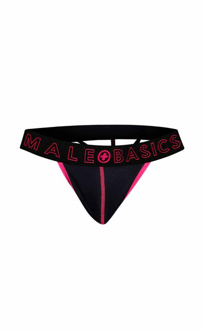 Black and pink malebasics neon thong with bold logo band showing back side design and minimal coverage