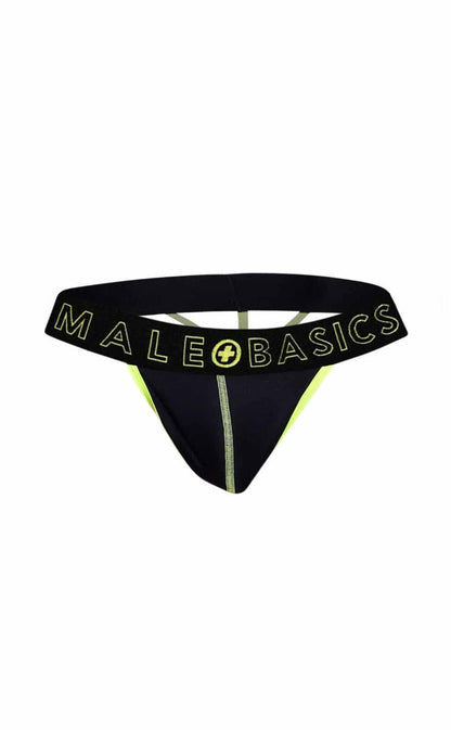 Black male basics neon thong with neon yellow trim and central seam in soft fabric for comfortable wear