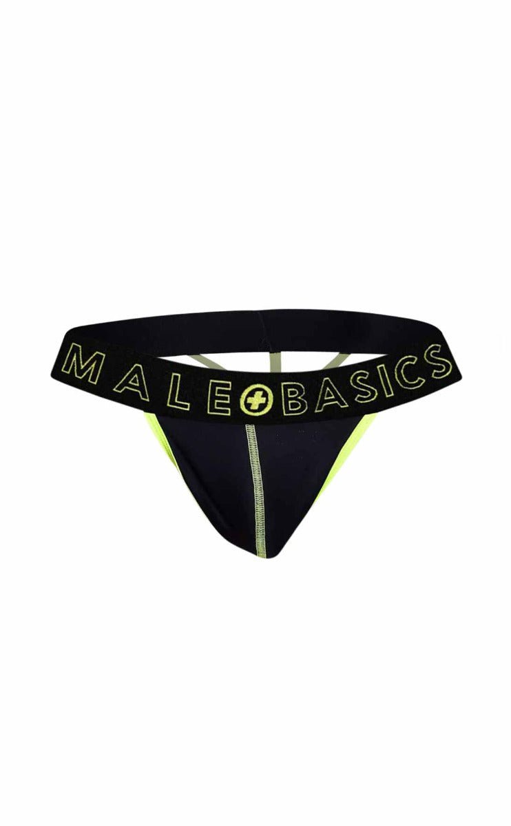Black male basics neon thong with neon yellow trim and central seam for comfortable everyday wear
