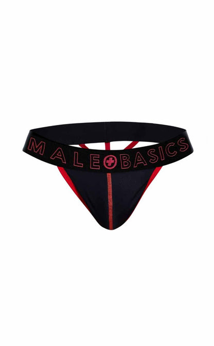 Black male basics neon thong in red trim with logo detailing made from comfortable material for everyday wear