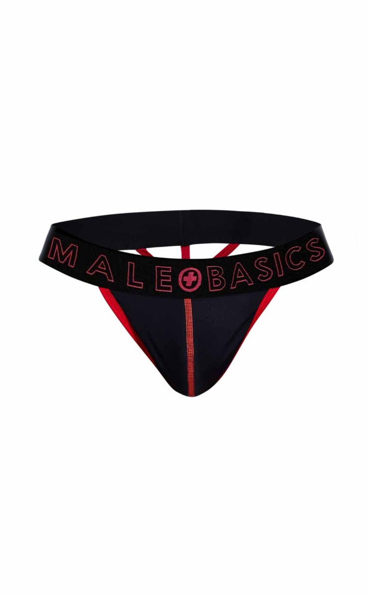 Black male basics neon thong with red trim and logo detailing showing front side in stretch fabric