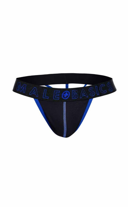 Black male basics neon thong with blue trim and logo detailing showing front side design and material texture